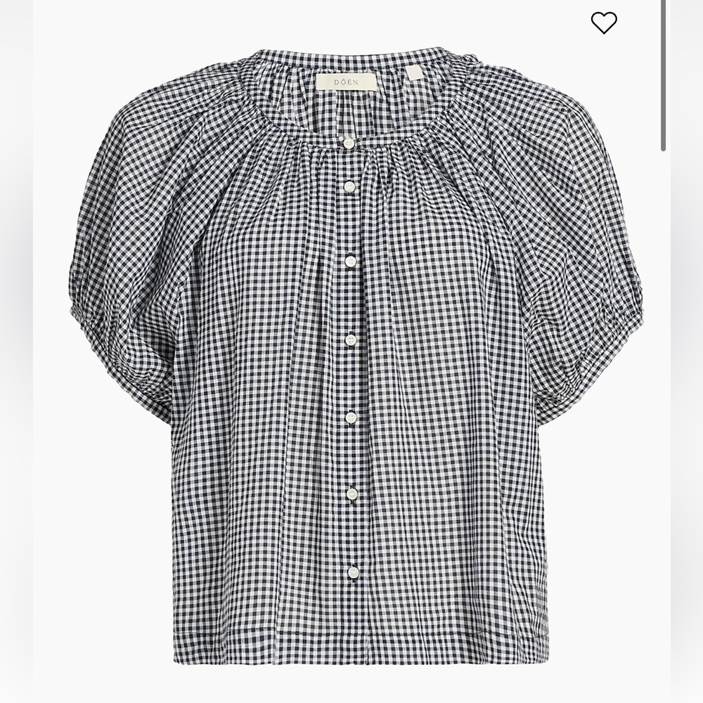 Doen Black & White Gingham Button-Front Puff Sleeve Blouse